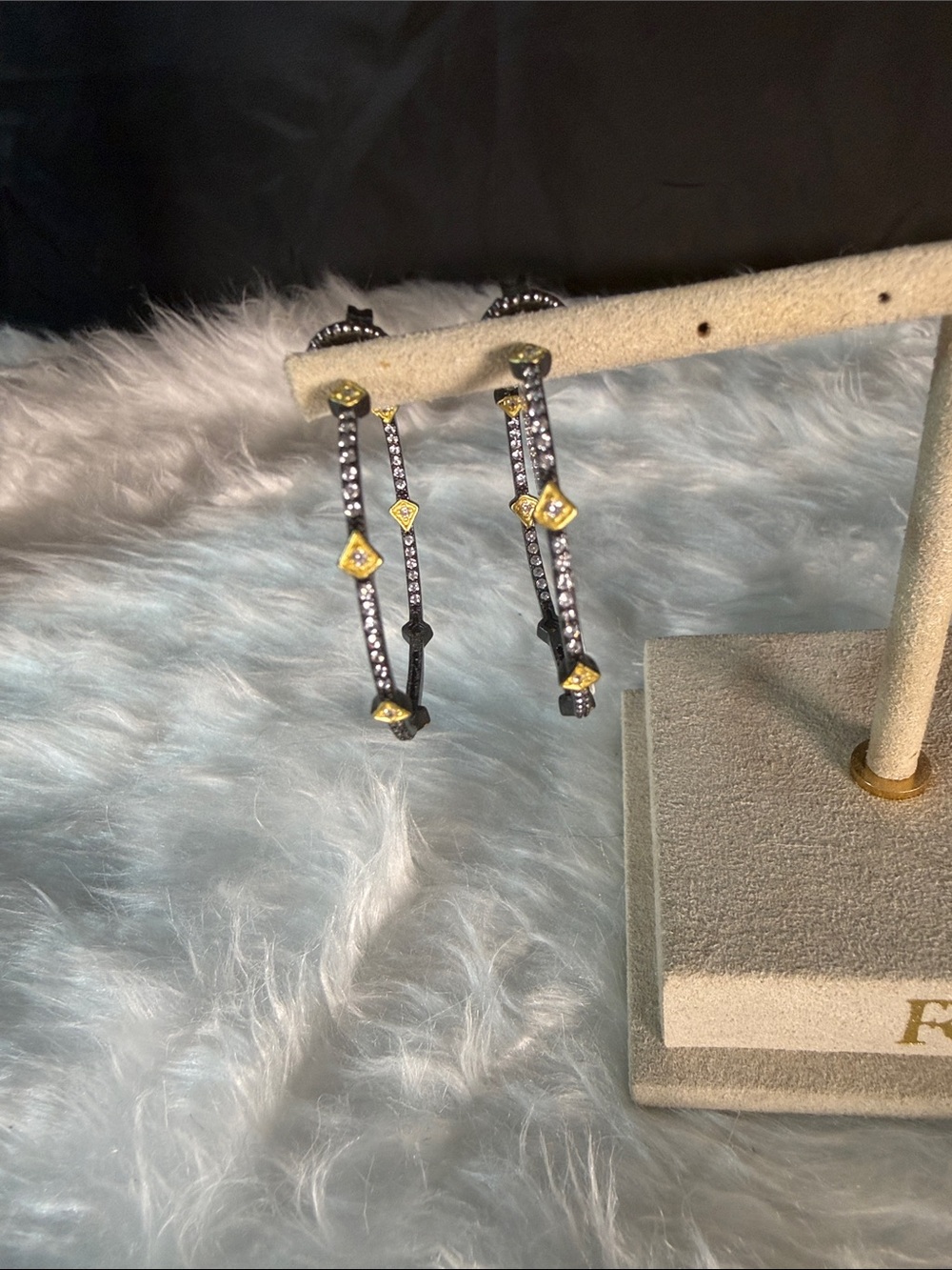 Crystal-Embellished Black Hoop Earrings with Gold Accents - Unbranded